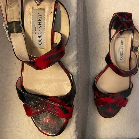 Jimmy Choo genuine leather Size 37 strap peep-town wedge sandal / black and red - Picture 1 of 5